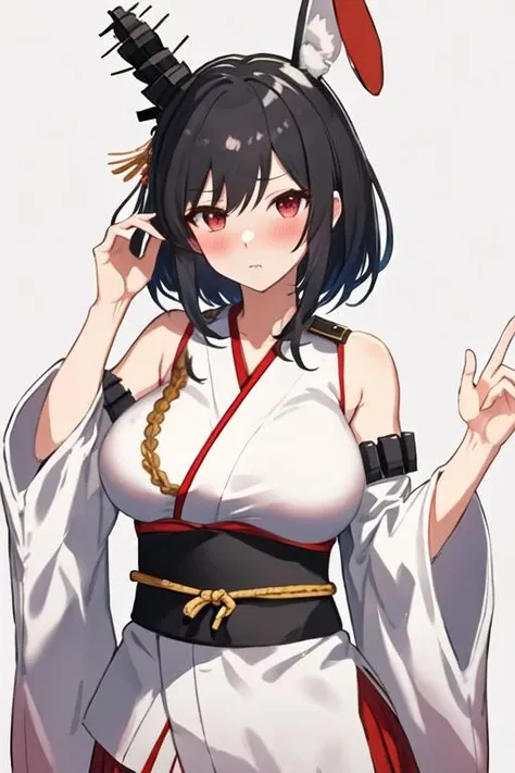 best quality, masterpiece, highres, solo, {yamashiro_kantaicollection:1.15}, black_hair, red_eyes, short_hair, hair_ornament, nontraditional_miko, breasts, blush, large_breasts, 1girl, japanese_clothes, upper_body, looking_at_viewer, headgear, detached_sleeves