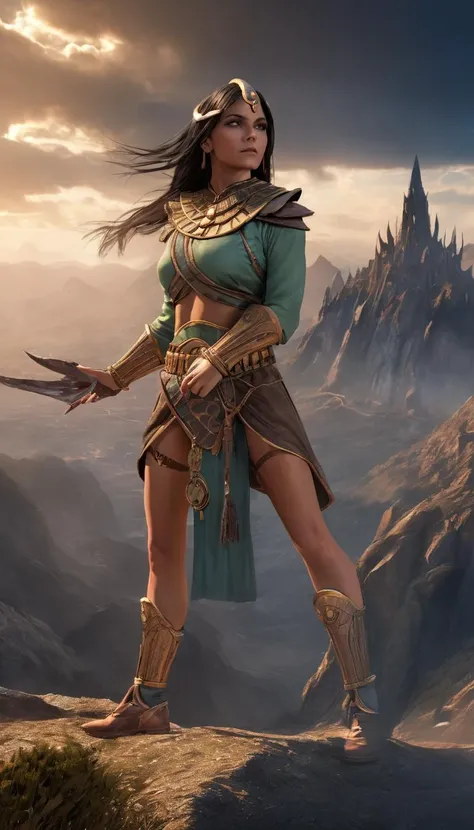 long shot scenic professional photograph of Cinematic scene, hero view, d2s sorceress <lora:diablo_2_sorceress_xl_v1:1>, action pose, detailed background, masterpiece, best quality, high quality, highres, absurdres, perfect viewpoint, highly detailed, wide-angle lens, hyper realistic, with dramatic sky, polarizing filter, natural lighting, vivid colors, everything in sharp focus, HDR, UHD, 64K