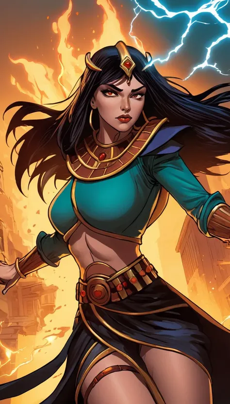 Introducing a powerful and captivating Egyptian superheroine with pale skin, striking black hair, and piercing brown eyes. This fierce warrior embodies strength, grace, huge boobs, curvy and beauty, with a regal bearing that demands attention. Her sleek and form-fitting costume is adorned with ancient Egyptian motifs, as a nod to her rich cultural heritage and the legacy of her people. With her mastery of combat skills, advanced technology, and mystical powers, she fearlessly battles evil and protects the innocent. Bring this stunning and dynamic character to life by commissioning a custom art piece today.