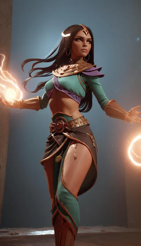 Cinematic scene, hero view, d2s sorceress <lora:diablo_2_sorceress_xl_v1:1>, action pose, detailed background, masterpiece, best quality, high quality, highres, absurdres, detailed skin texture, (blush:0.5), (goosebumps:0.5), subsurface scattering