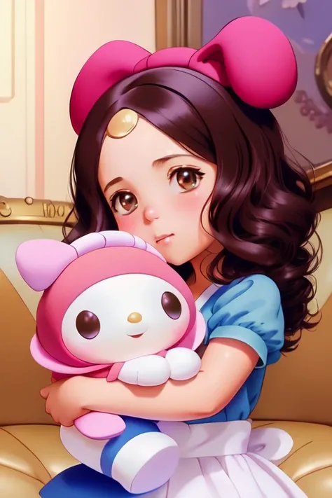portrait of  a girl holding a plush toy of mymelody, digital painting, artstation, concept art, donato giancola, Joseph Christian Leyendecker, WLOP, Boris Vallejo, Breathtaking, 8k resolution, extremely detailed, establishing shot, artistic, hyperrealistic, octane render, cinematic lighting, dramatic lighting, masterpiece