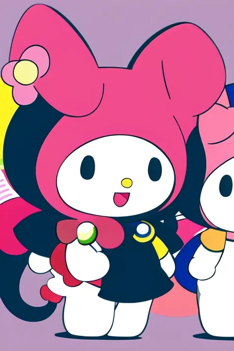 multicharacter colorfull background of 3 girls mymelody, hllokitty, kuromi, flat colors,