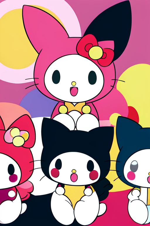 multicharacter colorfull background of 3 girls mymelody, hllokitty, kuromi, flat colors,