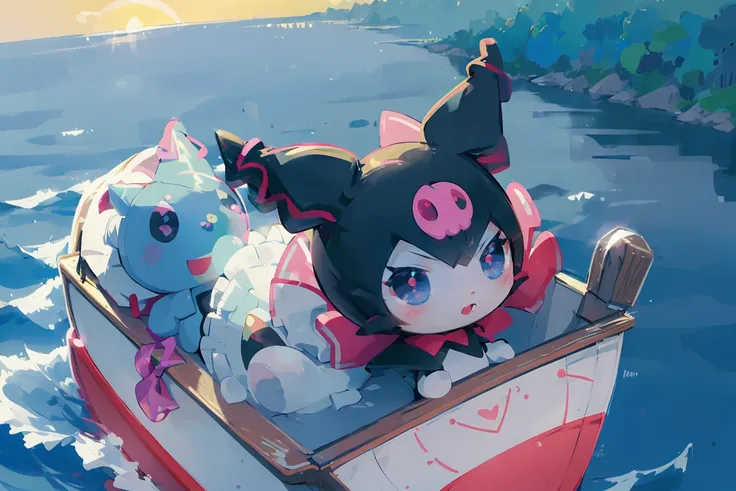 (At dawn when the sun is shining, Kurumi is basking in the sunlight on the boat.:1.3),(masterpiece:1.2),(best quality:1.1),feminine,backlighting, lens flare, bright,beautiful detailed sky, river,blue water,wild,outdoors , seaside,light,<lora:helloKittyMyMelodyKuromi_v10IntialRelease:1.0>,