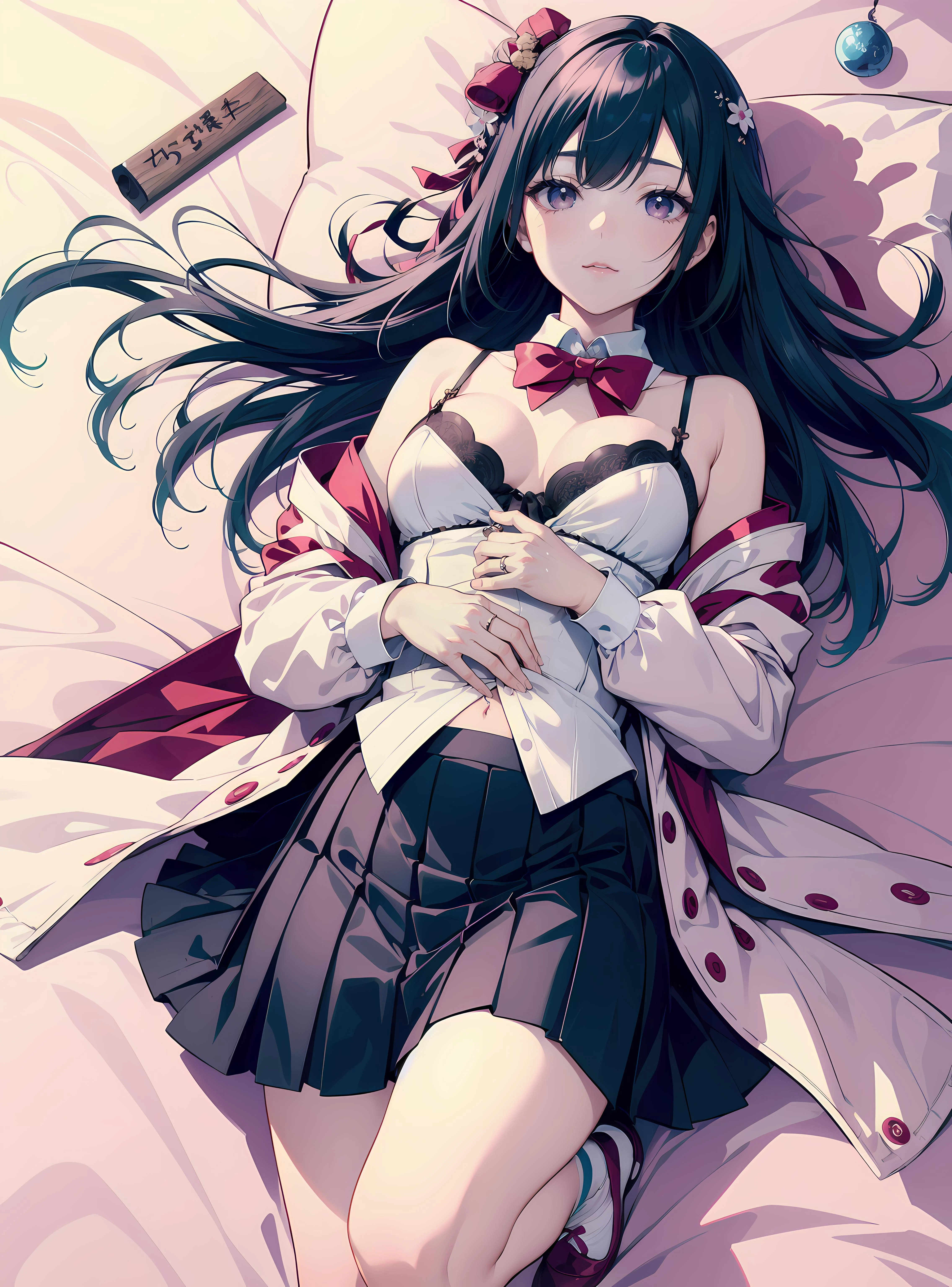 1girl, lying, solo, looking at viewer, long sleeves, pastel camisole, pleated skirt, bowtie, socks, eye capturing wind chimes, bridal hairstyle, fair skin, japanese behavior aesthetics. <lora:Pixiv_Collection_1.01:1> visual novel style, first-rate female body, alluring eyes, long hair, warm palette colors, cleavage, thigh highs, cute, pixiv