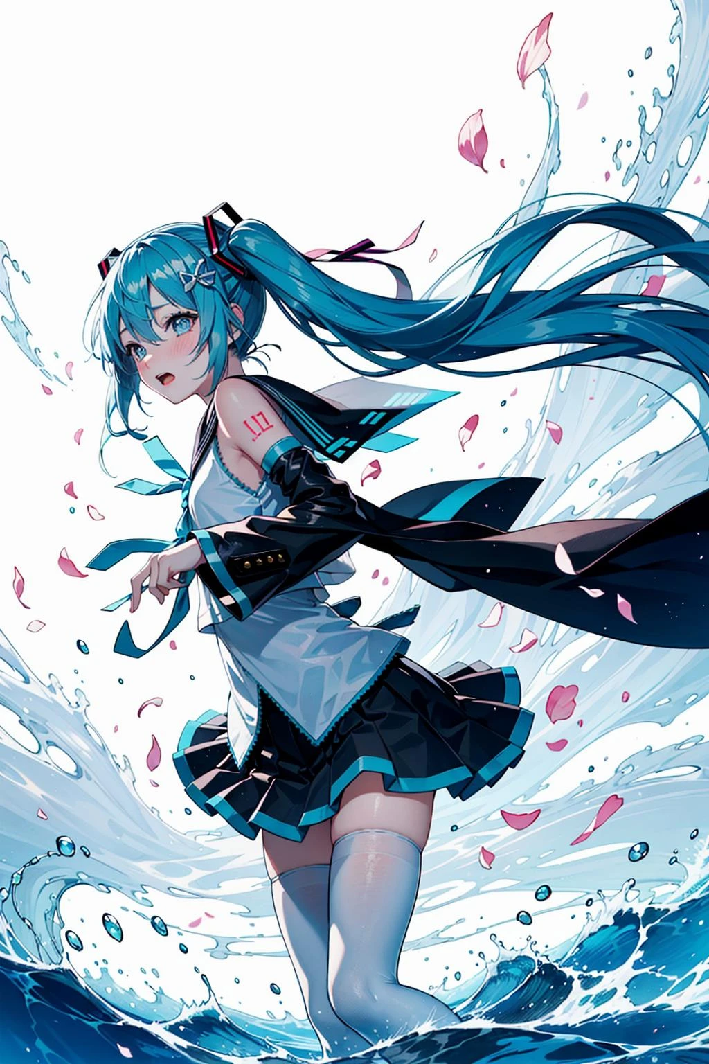 1girl, hatsune miku, exquisite facial features ,flower-shaped, pupils ribbon trim, ((sailor fuku)), ((white thighhighs)), ((sfw)), hair ornament, nose blush, flower-shaped pupils, ((breeze)), flying splashes, flying petals, wind