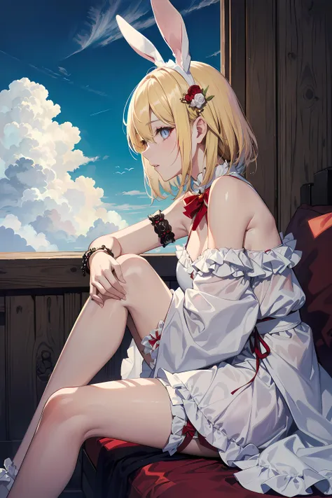 woman between the clouds and pillows, solo, wearing rabbit ears, white dress, ((frills)) and hair ornament ribbons and red bow ties, (warmth and cosy atmosphere:1.2), hair between eyes, beautiful detailed eyes, Japanese, (garter), bracelet, blonde hair ornament, (Bare shoulder), ((sitting legs on a cloud):1.2), side profile