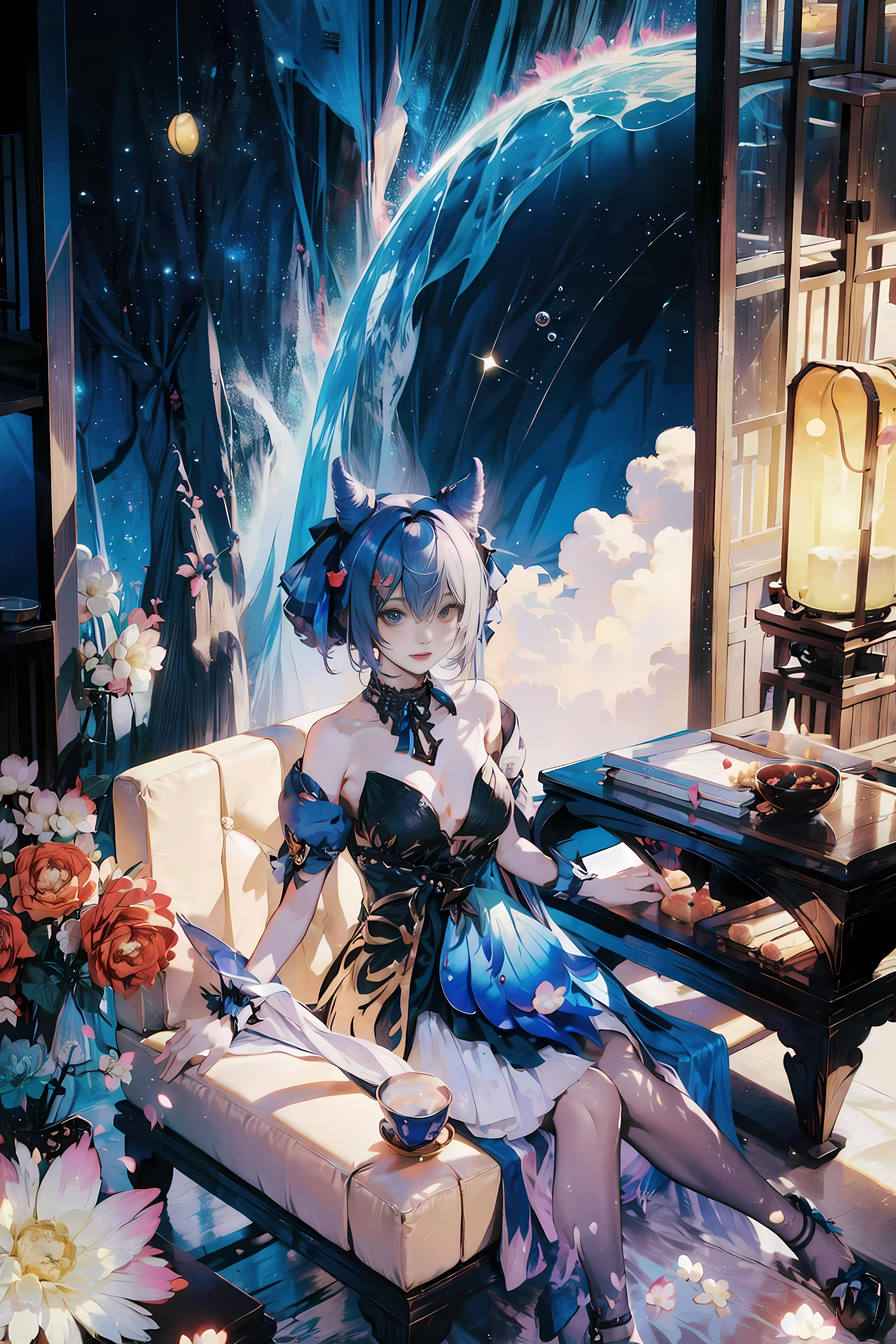 dreamlike scenery, bubble tea bar, starry sky dress, heterochromia, atmosphere of love, glowify, flying petals, <lora:keqing:1>