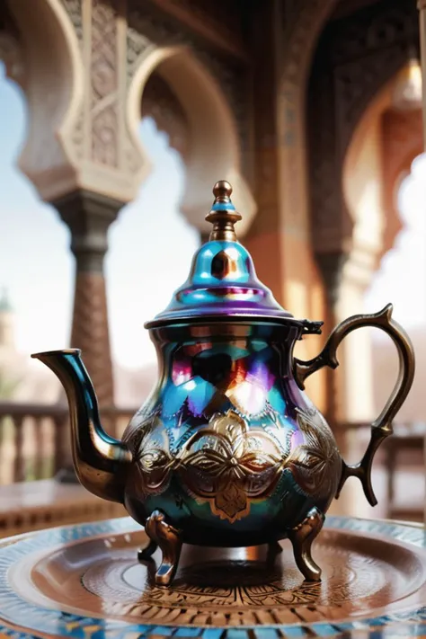 Moroccan ceramics art teapot and ornate glasses,  <lora:AtayV2:0.8> atai,, (Extremely Detailed Oil Painting:1.2), glow effects, godrays, Hand drawn, render, 8k, octane render, cinema 4d, blender, dark, atmospheric 4k ultra detailed, cinematic sensual, Sharp focus, humorous illustration, big depth of field, Masterpiece, colors, 3d octane render, 4k, concept art, trending on artstation, hyperrealistic, Vivid colors, extremely detailed CG unity 8k wallpaper, trending on ArtStation, trending on CGSociety, Intricate, High Detail, dramatic, absurdes . Hand-painted pottery, intricate designs, colorful glazes, cultural motifs, reminiscent of Moroccan ceramics