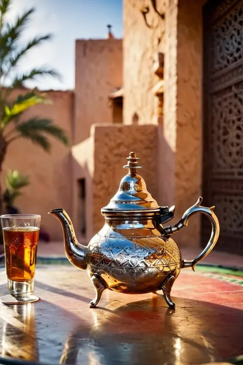 moroccan silver teapot, product photography, commercial photography, no humans, outdoors, cup, realistic, blurry background, <lora:atAI:0.7> atai