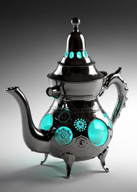 Moroccan teapot, tea mint, 3d toon style, 3d render style, A Hi-Tech cyberpunk style white black, Custom design, Mechanical tenticles, shining body, glowing look, full shining, hues., steampunk style, cyberpunk style, mecha, perfect Hi-Tech, Hi-Tech, cyberpunk, <lora:training_model:0.8> atai