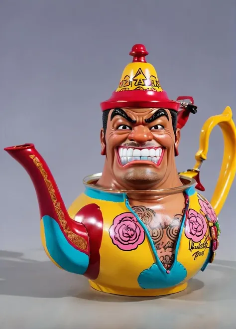 GTA-style artwork teapot, <lora:AtayV2:1> atai . Satirical, exaggerated, pop art style, vibrant colors, iconic characters, action-packed