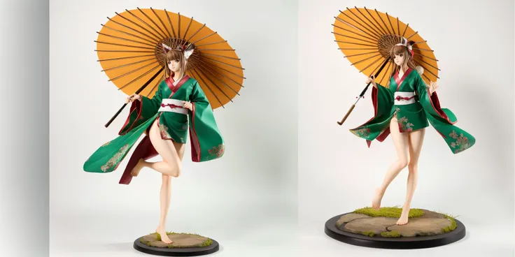 garage kit,1girl,animal ears,solo,rabbit ears,umbrella,oil-paper umbrella,long hair,white background,barefoot,full body,brown hair,leaf,chinese clothes,simple background,standing,japanese clothes,ponytail,kimono,standing on one leg,wide sleeves,autumn leaves,bare legs,
best quality,high quality,