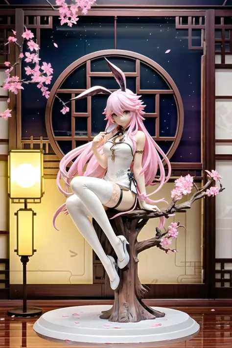 garage kit, 1girl, yae sakura, animal ears, pink hair, solo, fox ears, dress, long hair, chinese clothes, china dress, cherry blossoms, full body, night, sitting, looking at viewer, bangs, branch, night sky, petals, sky, holding, bare shoulders, breasts, thighhighs, white dress, white footwear, purple eyes, white thighhighs, sleeveless dress, white gloves, sleeveless, hair between eyes, lattice, closed mouth, gloves, hand fan, holding fan, high heels, flower, window, smile, moon, indoors,
best quality, high quality, <lora:garage_kit-000014:0.65>,