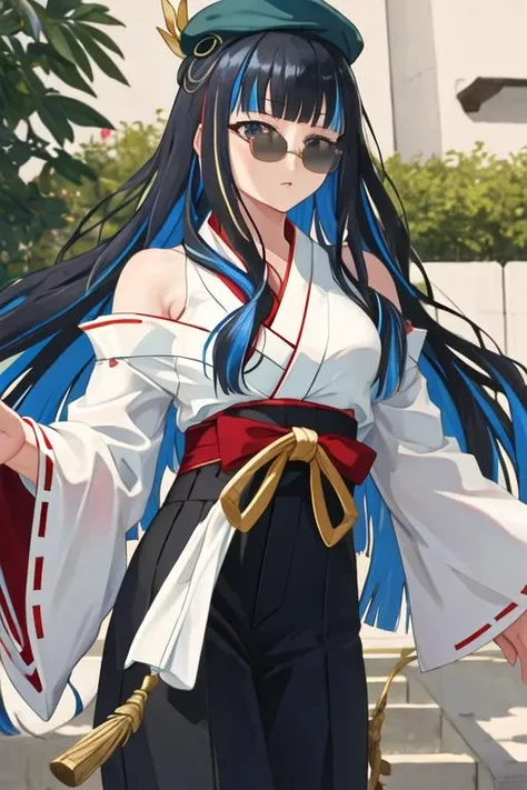 best quality, masterpiece, highres, solo, {white kimono:1.35}, {red hakama:1.35}, {wide sleeves:1.20}, {tlaloc_fgo:1.15}, bangs, black_hair, blue_hair, multicolored_hair, long_hair, hat, breasts, jewelry, sunglasses, streaked_hair, black_eyes