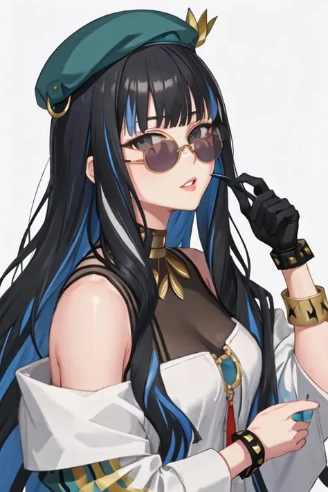 best quality, masterpiece, highres, solo, {tlaloc_fgo:1.15}, bangs, black_hair, blue_hair, multicolored_hair, long_hair, hat, breasts, jewelry, sunglasses, streaked_hair, black_eyes, 1girl, colored_inner_hair, eyewear_removed, holding, holding_eyewear, looking_at_viewer, green_headwear, portrait, beret, bracelet, parted_lips, simple_background