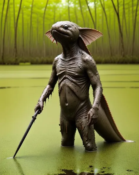 realistic, swamp, monster, solo, mud, fin, pond, mold, swamp, axolotl, moss, holding long spear on back, <lora:swamp_monster_v1:0.5>