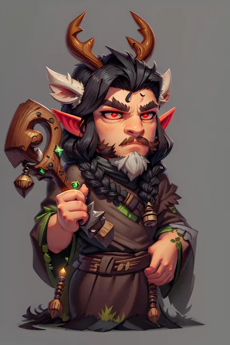 fun00d,
1boy, boy focus, chibi
cartoon illustration of a male elf druid holging long staff,
solo, simple background,
black hair, braided hairs, antlers deer on head, red eyes, frown, facial hair, beard, brown and green robe, staff, hand on hip,
grey background,
Refined <lora:fun00d-000012:1>