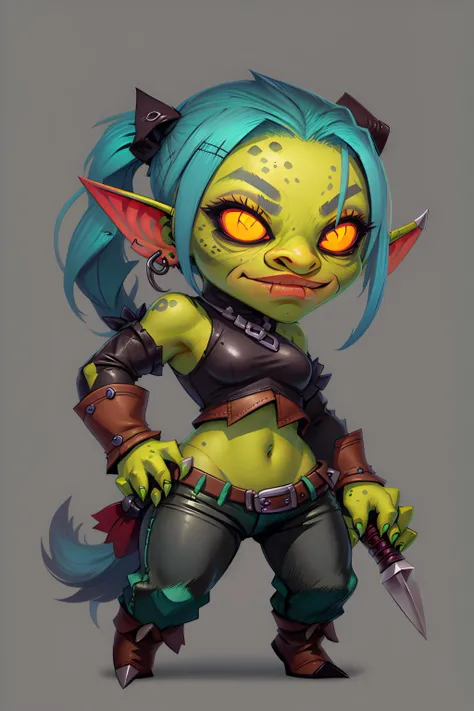 Girl, goblin girl, goblin, green skin, short, short stature,short hair, black hair, large breasts, miniskirt, latex, long gloves, thigh boots, goth, pouty lips, masterpiece, best quality, sexy, dynamic pose, 8k, shortstack, sfw, shiny, fantasy, dungeons and dragons, high heels, fishnets, holding, dark green skin, adventurer, barbarian, large hammer, armor, sexy armor, skintight armor, dark colors, latex miniskirt