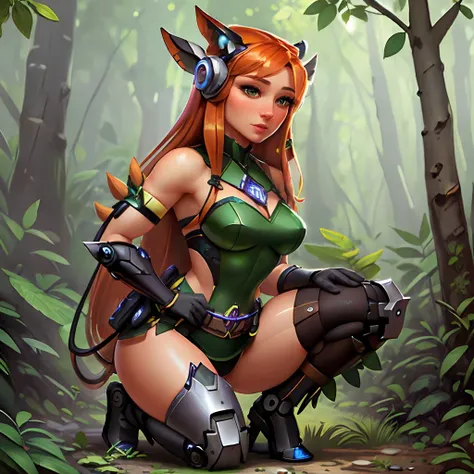 fun00d, digital art, dense foliage, Pointillism, knee level shot of a Hypnotic Tauriel, Explorer, vogue pose, Funny Robobotic Legs, Energetic, masterpiece, <lora:fun00d-000012:1>
