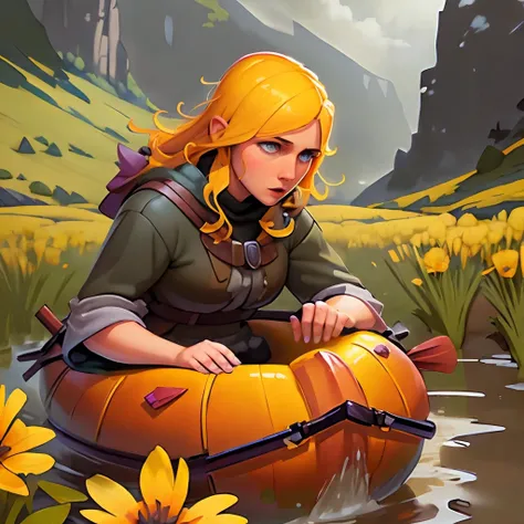 fun00d, art by Dean Ellis, Furious Gaelic Falmer, Rafting, dark yellow Brooch, Canadian flower field, Disgusting, <lora:fun00d-000012:1>