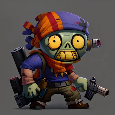 fun00d, cartoon zombie with a bandana and a hat on, gun, gruesome, luxurious <lora:fun00d-000012:1>