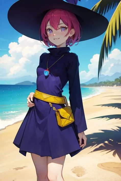 beach, palm tree, waves, bluesky, sun lighting, outdoor, trees, cumulonimbus, (souvenir shop background), lots of items, (masterpiece, best quality, high resolution, absurdres, intricate details:1.3), illustration, lens perspective, hyper detailed, ultra detailed, small details, trending on artstation, award-winning
<lora:Teresa-chan-10:0.9>, teresa chan, purple eyes, smile, witch hat, dress, small breasts, purple dress, shoes, colorful necklace, sneakers, green belt, long sleeves