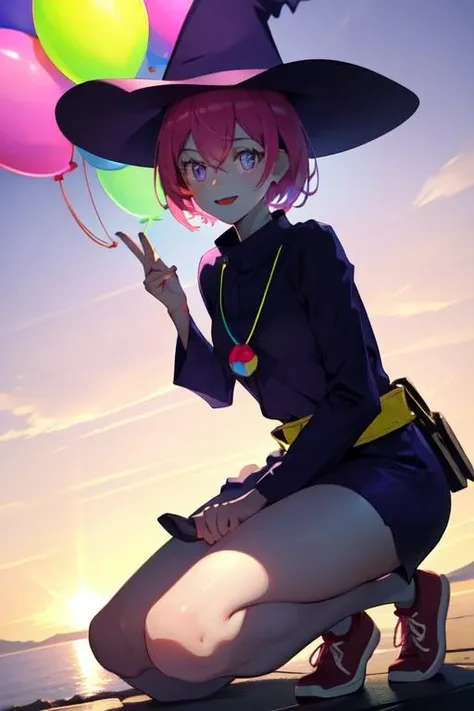 (kawaii cute 1girl giving balloon to viewer, one knee:1.3), (luminous neon colorful balloons:1.35), (extend right arm to viewer:1.4), (big balloon:1.4) in right hand, bluesky, sun lighting, outdoor, trees, cumulonimbus, (souvenir shop background), lots of items, (masterpiece, best quality, high resolution, absurdres, intricate details:1.3), illustration, lens perspective, hyper detailed, ultra detailed, small details, trending on artstation, award-winning
<lora:Teresa-chan-10:0.9>, teresa chan, purple eyes, smile, witch hat, dress, small breasts, purple dress, shoes, colorful necklace, sneakers, green belt, long sleeves