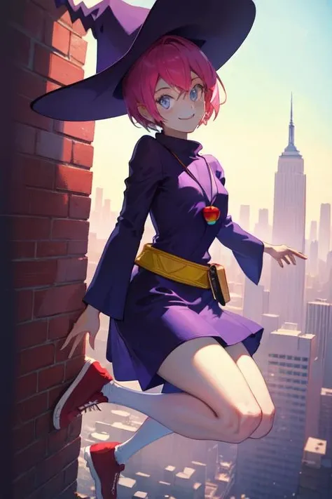 jumping, on top of New York City, many buildings, (masterpiece, best quality, high resolution, absurdres, intricate details:1.3), illustration, lens perspective, hyper detailed, ultra detailed, small details, trending on artstation, award-winning
<lora:Teresa-chan-10:0.9>, teresa chan, purple eyes, smile, witch hat, dress, small breasts, purple dress, shoes, colorful necklace, sneakers, green belt, long sleeves