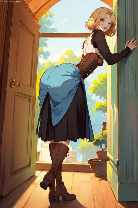 solo, seductive smile, come hither, (from behind, leaning forward:1.3), ass, arched back, head tilt, against wall, hands against wall,   <lora:CastlevaniaTera-v1:0.6> ChopioTera, green eyes, blonde hair, medium hair, lipstick, red lips, mature female, medium breasts, || outfit_1, black dress, brooch, gem, long sleeves, brown corset, underbust, blue skirt, bustle skirt, brown footwear, high heel boots,    <lora:CuteSexyRobutts [MockAi - v1.0]:1> csr, painterly style, vibrant colors, sketchy lineart,, absurdres, ultra detailed, masterpiece, best quality, aesthetic, detailed,
