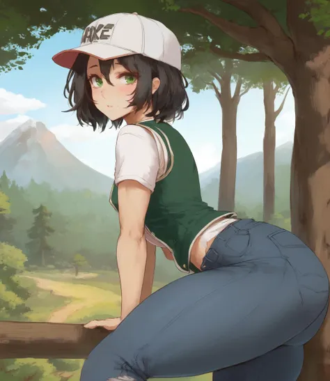 (masterpiece, best quality), from side ,(1girl), (mature female, feminine face, beautiful face, solo, baseball cap, vest, shirt, jeans, small breasts, normal thighs), tanned skin, shortstack, green eyes, medium hair, black hair, horny, blush, (forest landscape, mountain, sunny)
<lora:canvassolaris-08 style:0.2> <lora:Style NDC natedecock:0.2> <lora:Style kunaboto:0.15> <lora:Style Cutesexyrobutts csr by MockAI:0.85>