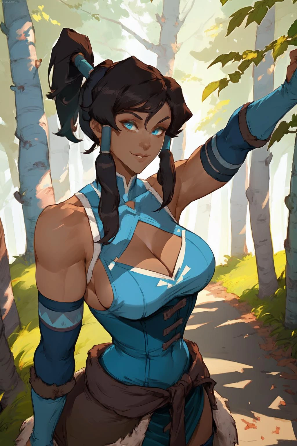 (1girl:1.3), (solo:1.2), curvy, (masterpiece:1.2), (best quality:1.2), (dynamic pose:1.4), (confident:1.2), smile
<lora:CuteSexyRobutts [MockAi - v1.0]:1.2> csr, (paintlerly style:1.25), vibrant colors, (sketchy lineart:1.3), (large breasts:1.4), (cowboy shot:1.2), (revealing clothes:1.4), sideboob, underboob, cleavage, corset, midriff, taut clothes, skindentation, (inside forest:1.3), (birch trees:1.2), daylight, light coming through trees,, <lora:Korra [Konan - v2.0]:0.8> korra, long hair, (brown hair:1.2), black hair, blue eyes, ponytail, dark skin, dark-skinned female, topknot, (hair tubes:1.4), fur-trimmed jacket around waist, (blue halterneck top:1.3), armlet, vambraces, (bare shoulders:1.3), (arm_warmers:1.3), sleeveless