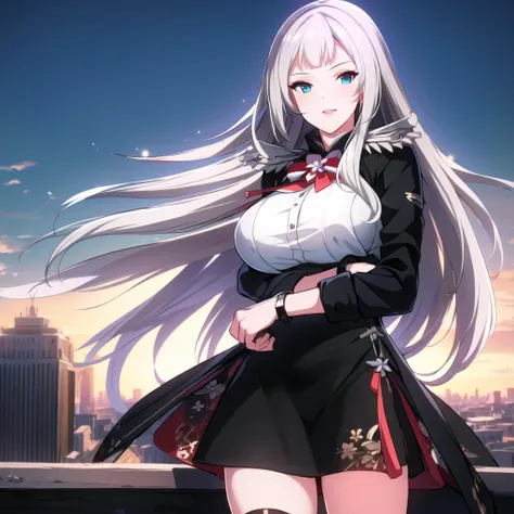 masterpiece, best quality, ultra-detailed, illustration, warm lighting, bright colors, 8K wallpaper, 1girl, solo,white hair, long hair, grown up, mature.office dress up, dress, ruined city scape, ruined city in the background, looking at ruined city below, <lora:queen:0.8>