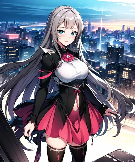 masterpiece, best quality, ultra-detailed, illustration, warm lighting, bright colors, 8K wallpaper, 1girl, solo, long hair, grown up, mature, dress, ruined city scape, ruined city in the background, looking at ruined city below, <lora:queen:0.7>