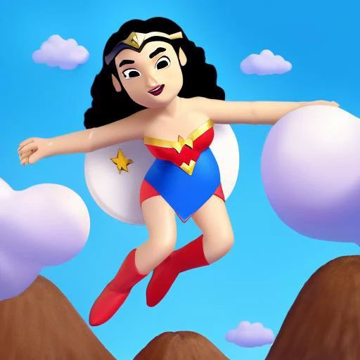 A cute Gal Gadot wonderwoman color flying in the sky, Very detailed, clean, high quality, sharp image, Mark Ryden