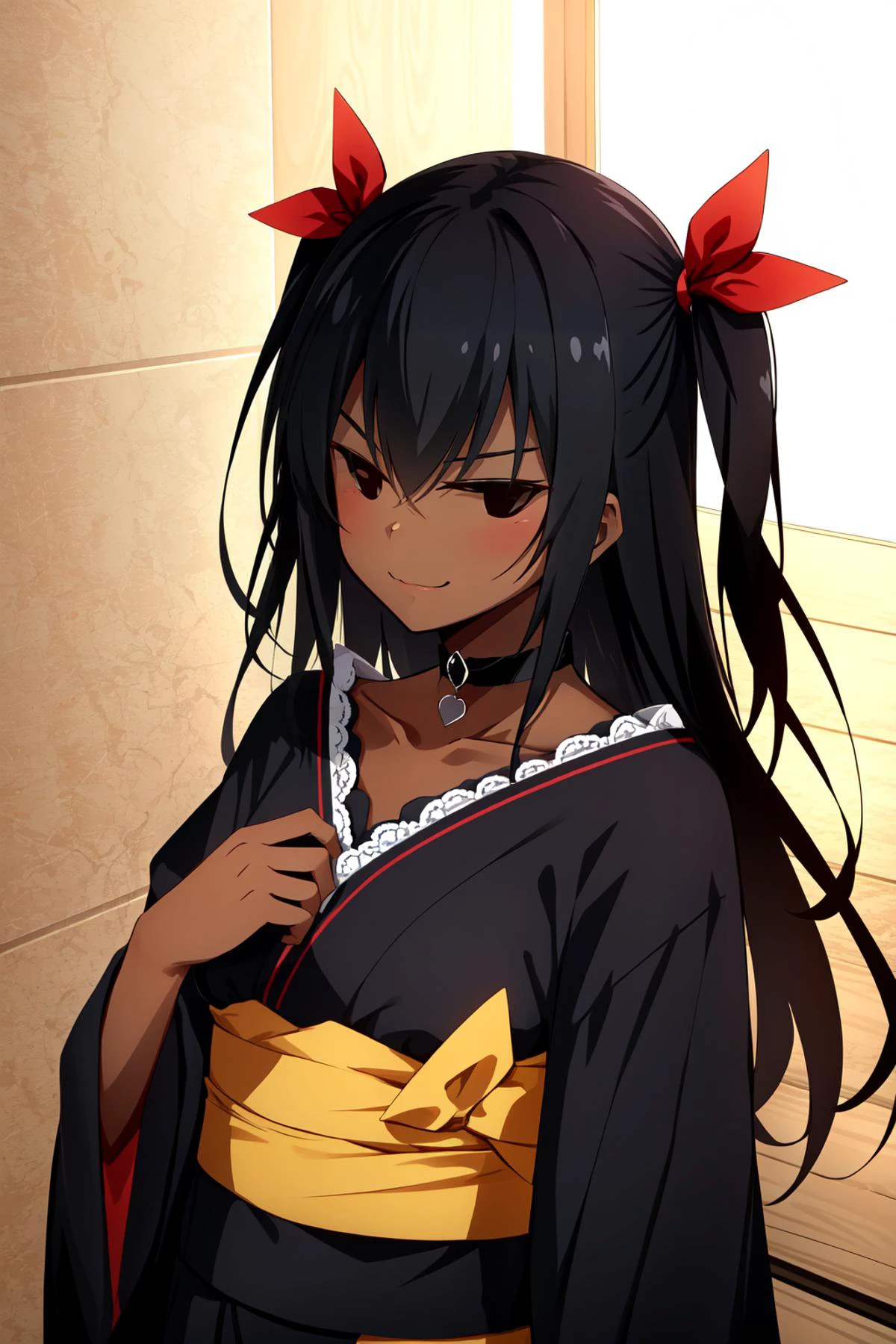 (masterpiece, best quality), intricate details,
1girl, <lora:CHAR-MasterNemesis:0.8> MasterNemesis, dark skin, long hair, two side up, hair ribbon, MasterNemesis, dark skin, long hair, two side up, hair ribbon, choker, black kimono, sash
<lora:hotarueye_jitome8_v100:1> :3, smug,