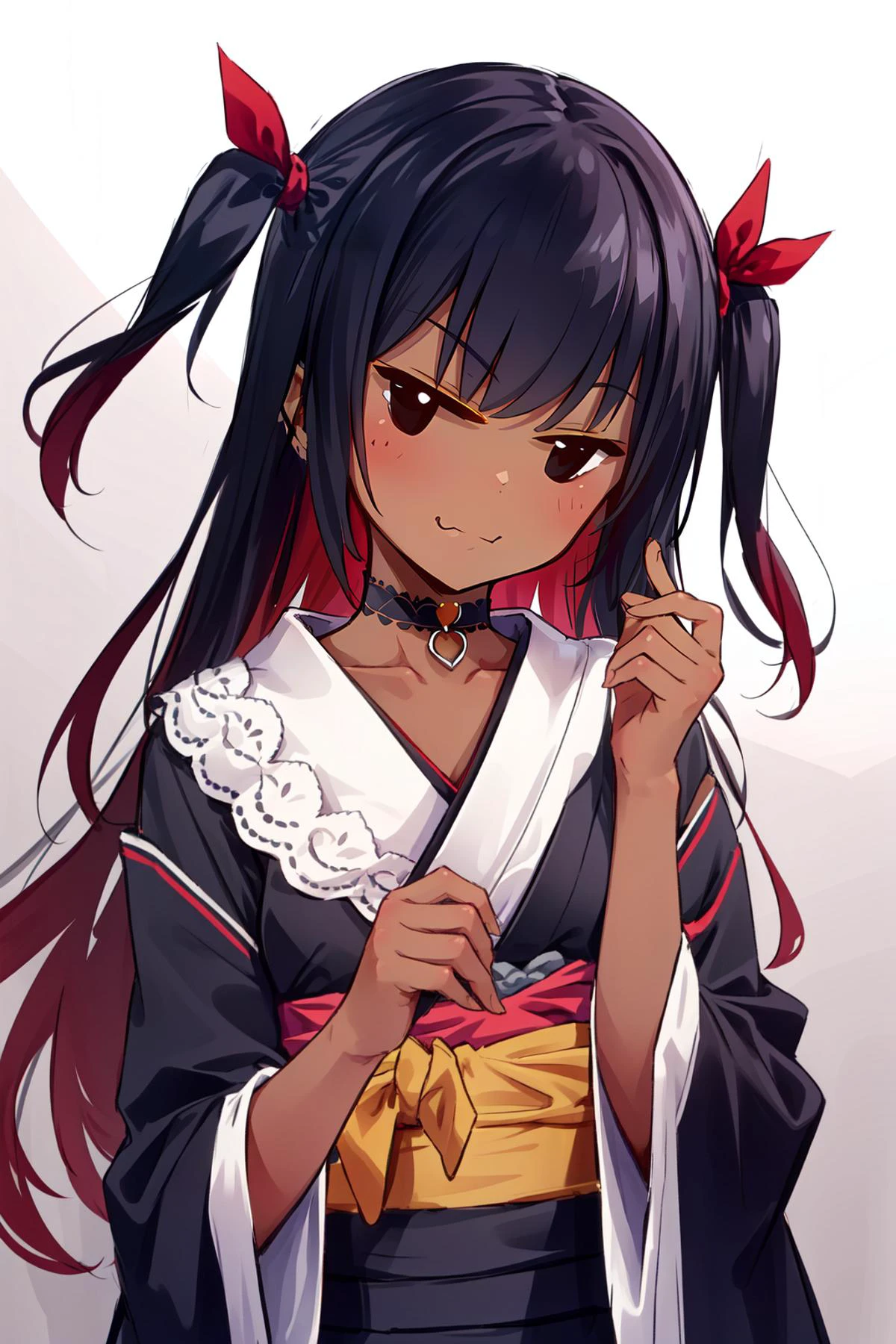 (masterpiece, best quality), intricate details,
1girl, <lora:CHAR-MasterNemesis:0.8> MasterNemesis, dark skin, long hair, two side up, hair ribbon, MasterNemesis, dark skin, long hair, two side up, hair ribbon, choker, black kimono, sash
<lora:hotarueye_jitome8_v100:1> :3, smug,