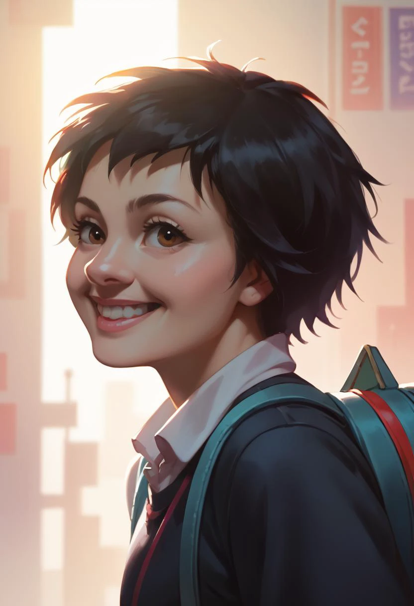 score_9, score_8, score_9_up, (content_sfw:1.1), high quality, high contrast, (realistic:1.2), <lora:Photo 2 Style SDXL_LoRA_Pony Diffusion V6 XL:0.65>, 1girl, Peni Parker, detailed face, (from side,Shot on Rolleiflex,Ektar 100,feet out of frame,50mm f1.2,light beams streaming through haze,lifestyle photography:1.1), modern poster, <lora:Peni:1> score_9, score_8_up, score_7_up, solo, 1girl, peni, white shirt, black vest, blue backpack, smile, upper body, animification