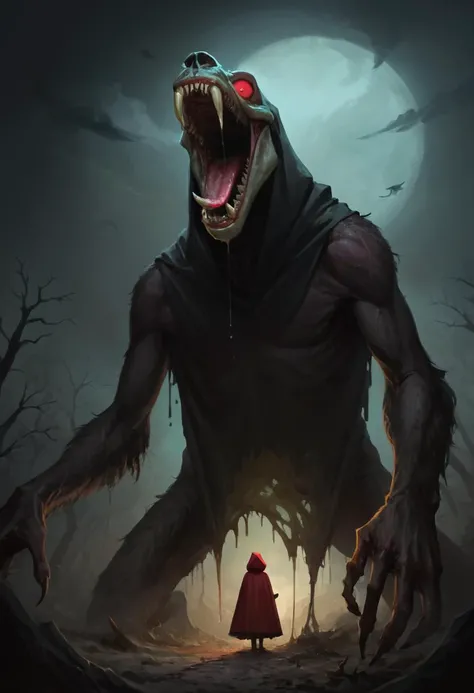 score_9, score_8, score_9_up, (content_sfw:1.1), high quality, high contrast, (realistic:1.2), <lora:Photo 2 Style SDXL_LoRA_Pony Diffusion V6 XL:0.45>, (horror painting), a giant werewolf chasing a girl, little red riding hood, pulp horror, scary, horror \(theme\),(black void, black background:1.2), (from below,shot on Sony A7III,Porta 160,very wide shot,24mm f1.4,low key lighting,large format:1.1) <lora:PAseer-SDXL-HorrorSongV2:1>, vore, tongue, fangs, saliva, modern poster, (sleeping woman:1.2)