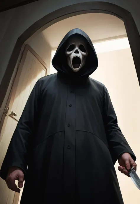 score_9, score_8, score_9_up, (content_sfw:1.1), high quality, high contrast, (realistic:1.2), <lora:Photo 2 Style SDXL_LoRA_Pony Diffusion V6 XL:0.45>, (portrait), 1boy, ghostface killer, mask, black robe, hood, holding a knife, horror \(theme\), standing in a doorway, (from below,shot on Leica M3,Porta 160,close-up,24mm f1.4,(hard lighting:1.4),analogue:1.1) <lora:GhostfaceMask_v1_1:1>, black void, black background,