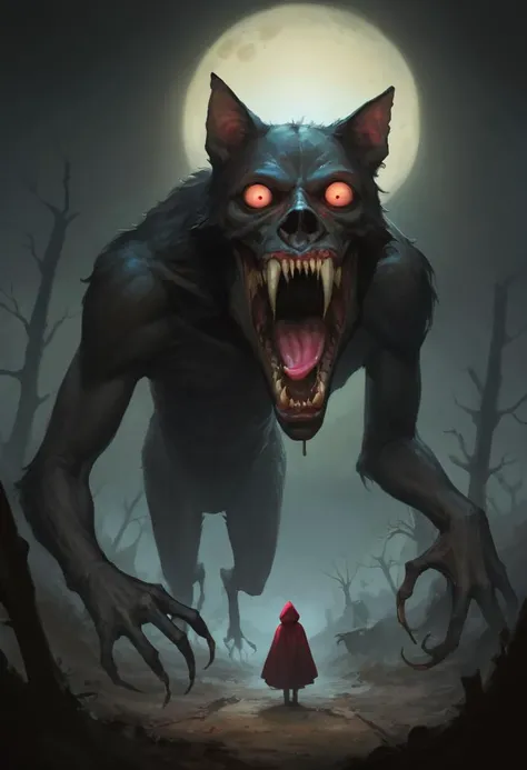 score_9, score_8, score_9_up, (content_sfw:1.1), high quality, high contrast, (realistic:1.2), <lora:Photo 2 Style SDXL_LoRA_Pony Diffusion V6 XL:0.45>, (horror painting), a giant werewolf chasing a girl, little red riding hood, pulp horror, scary, horror \(theme\),(black void, black background:1.2), (from behind,shot on Canon EOS 5D,Kodak Vision3,cropped shoulders,50mm f1.2,(hard lighting:1.4),documentary photography:1.1) <lora:PAseer-SDXL-HorrorSongV2:1>, vore, tongue, fangs, saliva, modern poster,