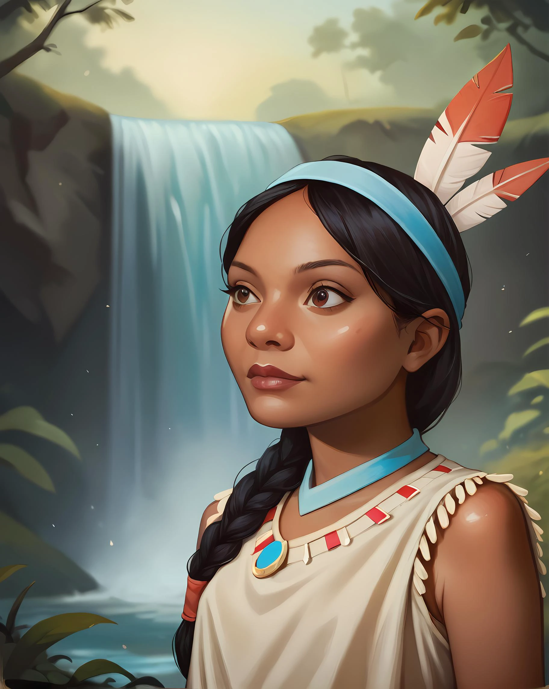 score_9, score_8, score_9_up, content_sfw, source_anime, high quality, high contrast, (realistic:1.2),
highest quality, absurdres, (sharp focus:1.2), (1girl), tiger lily \(disney\), dark-skinned female, solo focus, headdress, (shiny skin:1.3), native american headdress, waterfall, young female, traditional shirt,
<lora:Photo 2 Style SDXL_LoRA_Pony Diffusion V6 XL:0.25> <lora:Smooth Anime 2 Style SDXL_LoRA_Pony Diffusion V6 XL:0.35>, <lora:Pumpkin:0.4> <lora:PossumMachine_XL_Pony:0.45>
<lora:muk_pony_v1:0.5> <lora:TigerLilyXL:1>