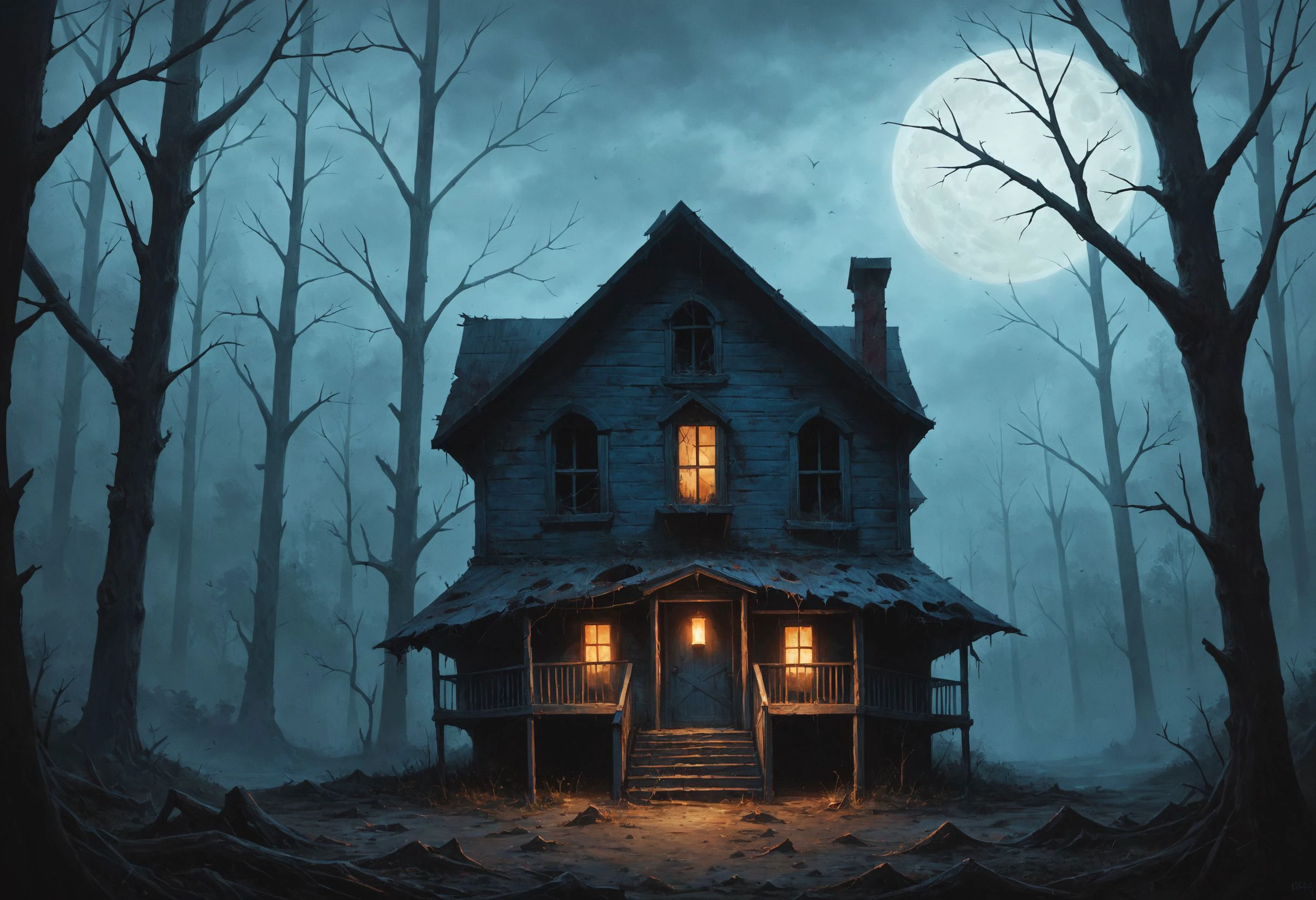 score_9, score_8, score_9_up, content_sfw, high quality, high contrast, (realistic:1.2), BREAK, extremely detailed photorealistic masterpiece,
(midnight, darkness, pitch black:1.3), a haunted cabin in a creepy forest, twisted roots, dead trees, gnarled branches, darkness beyond the broken windows, crumbling, desolate, gloomy atmosphere, baba yaga, horror movie theme, dynamic composition, cinematic, <lora:Photo Style LoRA XL:0.35>