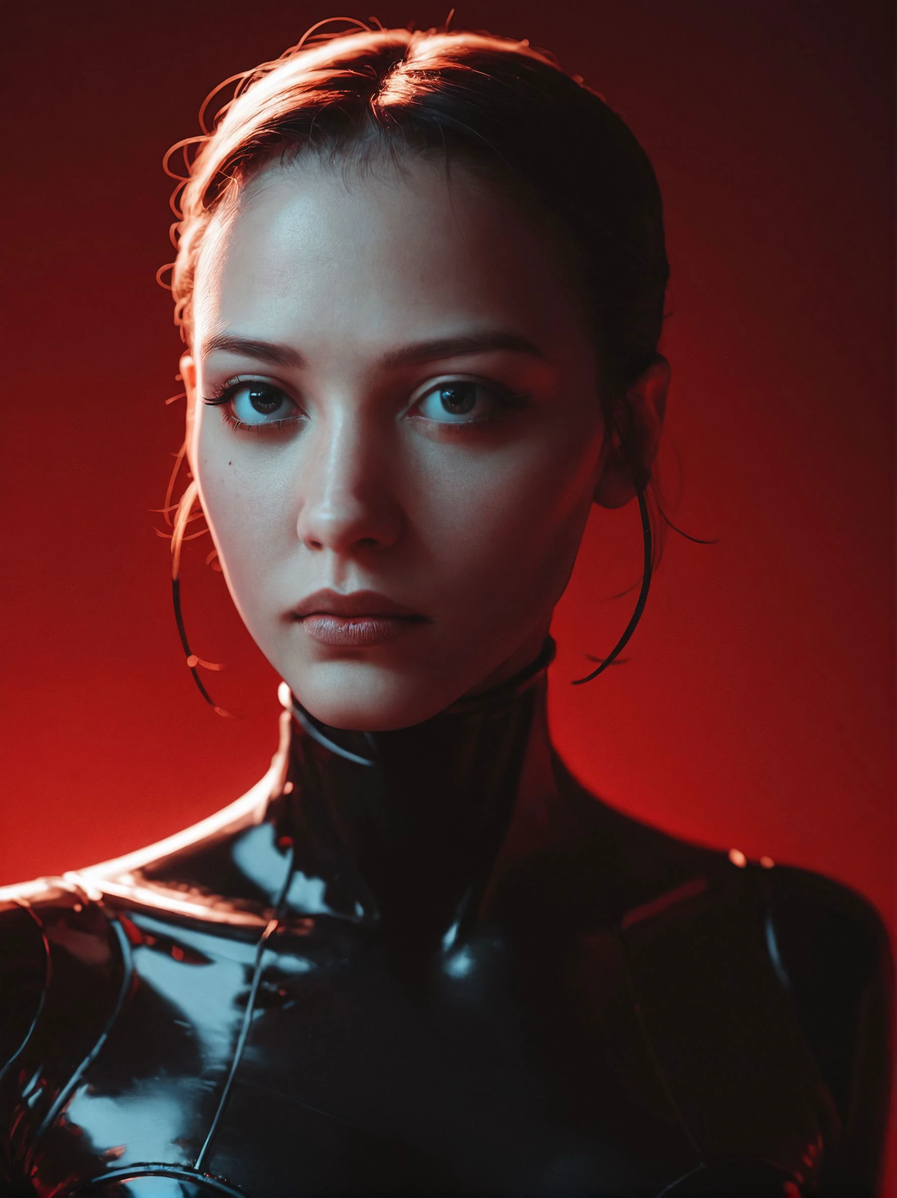 an unstable environment, one the verge of colapse, fragile structure, metallic components, complex background, 1girl, latex bodysuit, catsuit, <lora:Radiant_Darkness:1> Radiant Darkness, <lora:43stl1ght1ngXLP2:1>, 43stl1ght1ng, (dramatic lighting, red light:1.2), iris, pupil, black eyes, eyewhites, <lora:dvr-trd:0.5> dvr-trd, dune, spice, black latex, red background, white face,