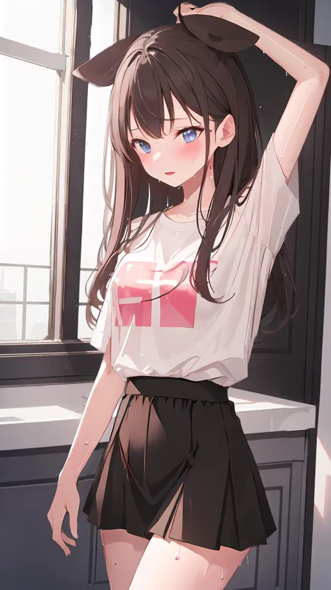 long hair,1girl, (large breasts:1.35), (cleavage:0.5),
(sweat:1.4), <lora:sweat_lotion_v2:0.1>,
((((masterpiece)))),(((hyper detailed))),(((highres))),((good anatomy)),(((best quality))),((an extremely delicate and beautiful)),((an extremely detailed and delicate)),((8k cg wallpaper)),((illustration)), ray tracing,
<lora:ama_mitsuki_v0.1:0.8>,
(busty girl), <lora:age_slider_v2:-1.3>,  
<lora:oiled_skin:1>, 
high waist short skirt,  
wide hips, cute body,
RAW photo, full sharp, (FullHD epic wallpaper) 8k uhd, dslr, soft lighting, high quality,
white shirt,    <lora:unexptits_v15:0.5> , <lora:milfmaker:-0.12>,   <lora:Lgirl-v6_500steps:0.1>,