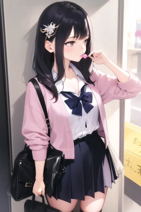 <lora:ama_mitsuki_v0.1:1.0>
1girl, school uniform, skirt, legwear, shoes, knit sweater, school bag, over shoulder, bow, hair ornament, lollipop, open jacket,, masterpiece, best quality, highly detailed