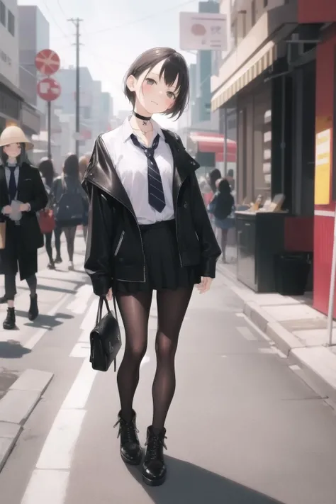 ( masterpiece, best quality, highres ),
pov, 
standing, 
closed mouth, 
blush,
<lora:ama_mitsuki_v0.1:1>
1girl, short_hair, black_hair, 
head tilt, looking at viewer, 
black choker,
(white shirt:1.2), collared shirt, 
black jacket, leather jacket, necktie, 
black_footwear,boots,   
leather bakkle, black bakkle,
pleated_skirt, black skirt, miniskirt, 
fishnet_legwear, fishnets, pantyhose, 
outdoors, city,