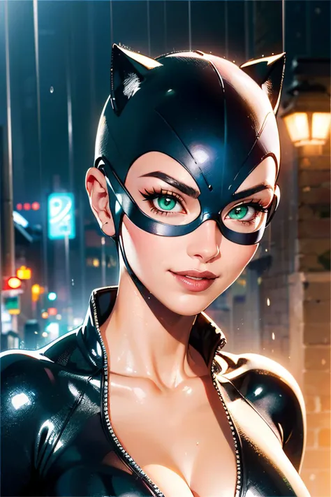 catwoman,unzipped bodysuit,cleavage, goggles on head, gloves, green eyes, looking at viewer, serious, smiling, portrait,
outside, raining, night, extreme detail, masterpiece, beautiful quality, <lora:catwoman:.7>