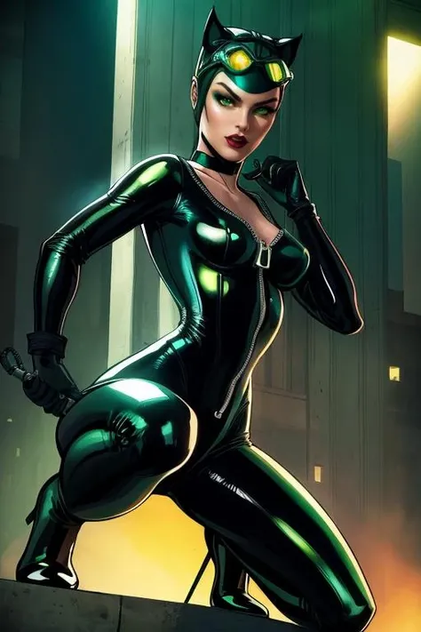 masterpiece,best quality,highres,realistic,1girl,full body,<lora:catwoman:0.6>,catwoman,bodysuit,goggles on head,gloves,choker,unzipped,green eyes,flying,