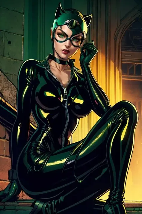 masterpiece,best quality,highres,realistic,1girl,full body,<lora:catwoman:0.6>,catwoman,bodysuit,goggles on head,gloves,choker,unzipped,green eyes,sitting,